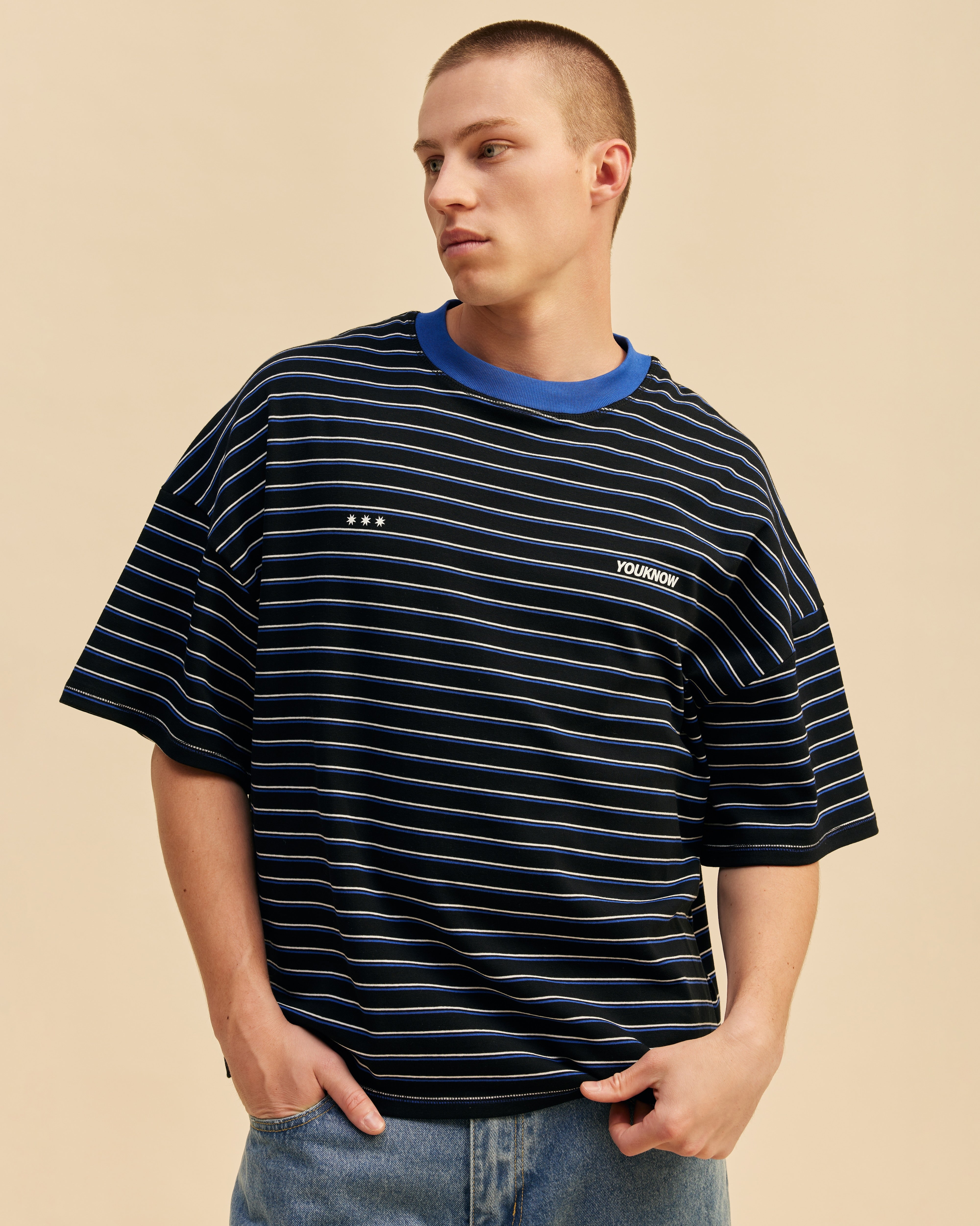 Striped YK Tee | Black/Blue Stripe