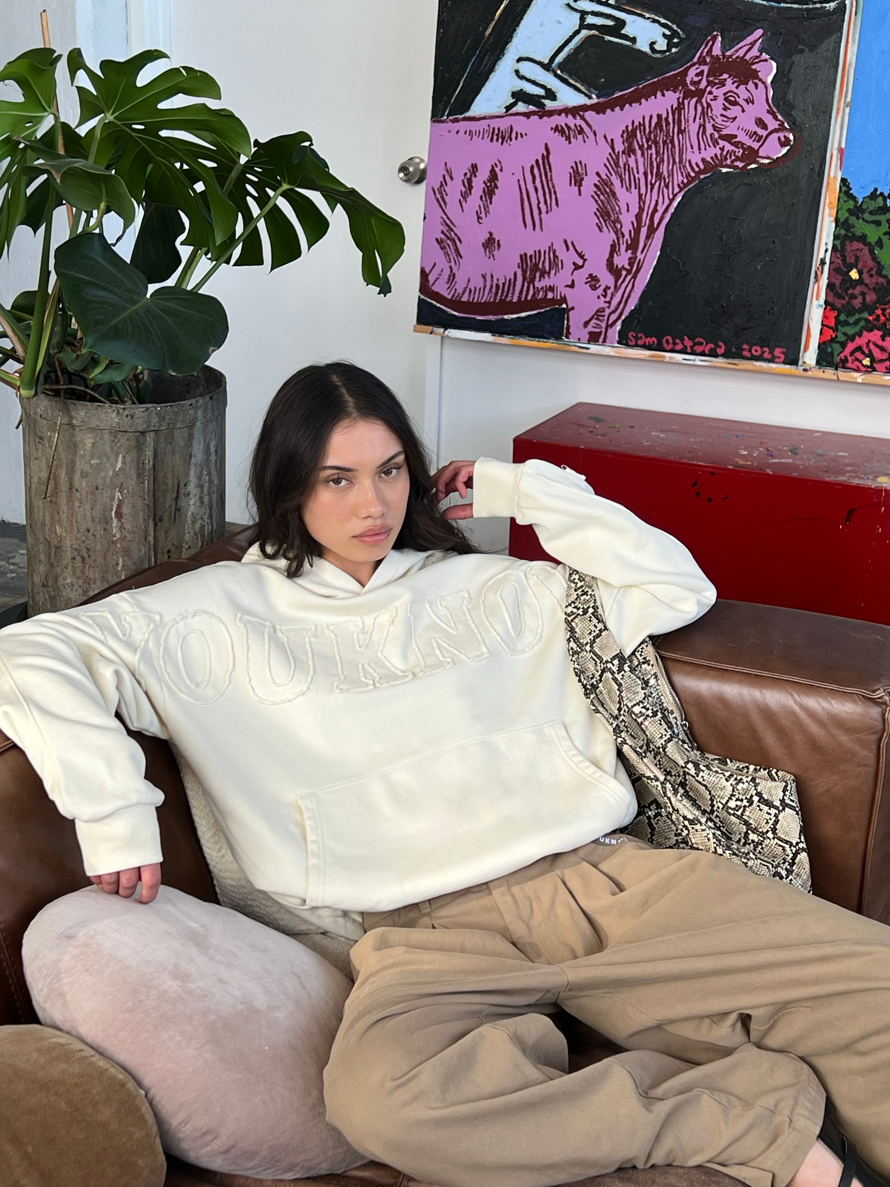 Distressed Applique Hoodie | Washed Cream