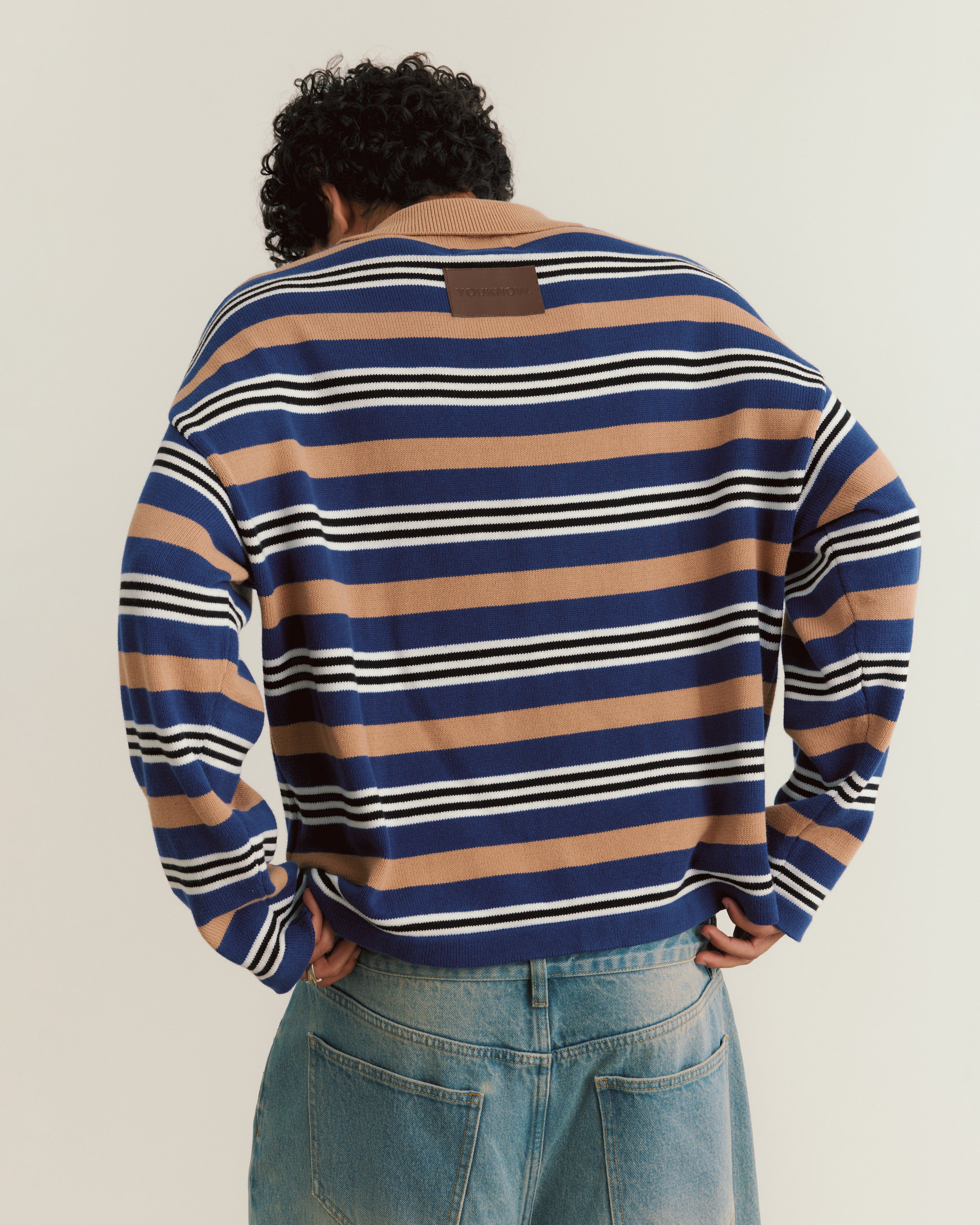 Knit Polo Sweater | Beige Stripe