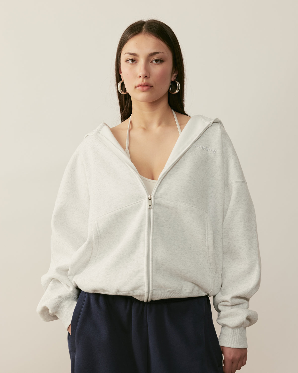 Core Essentials Zip Up Hoodie | White Marle