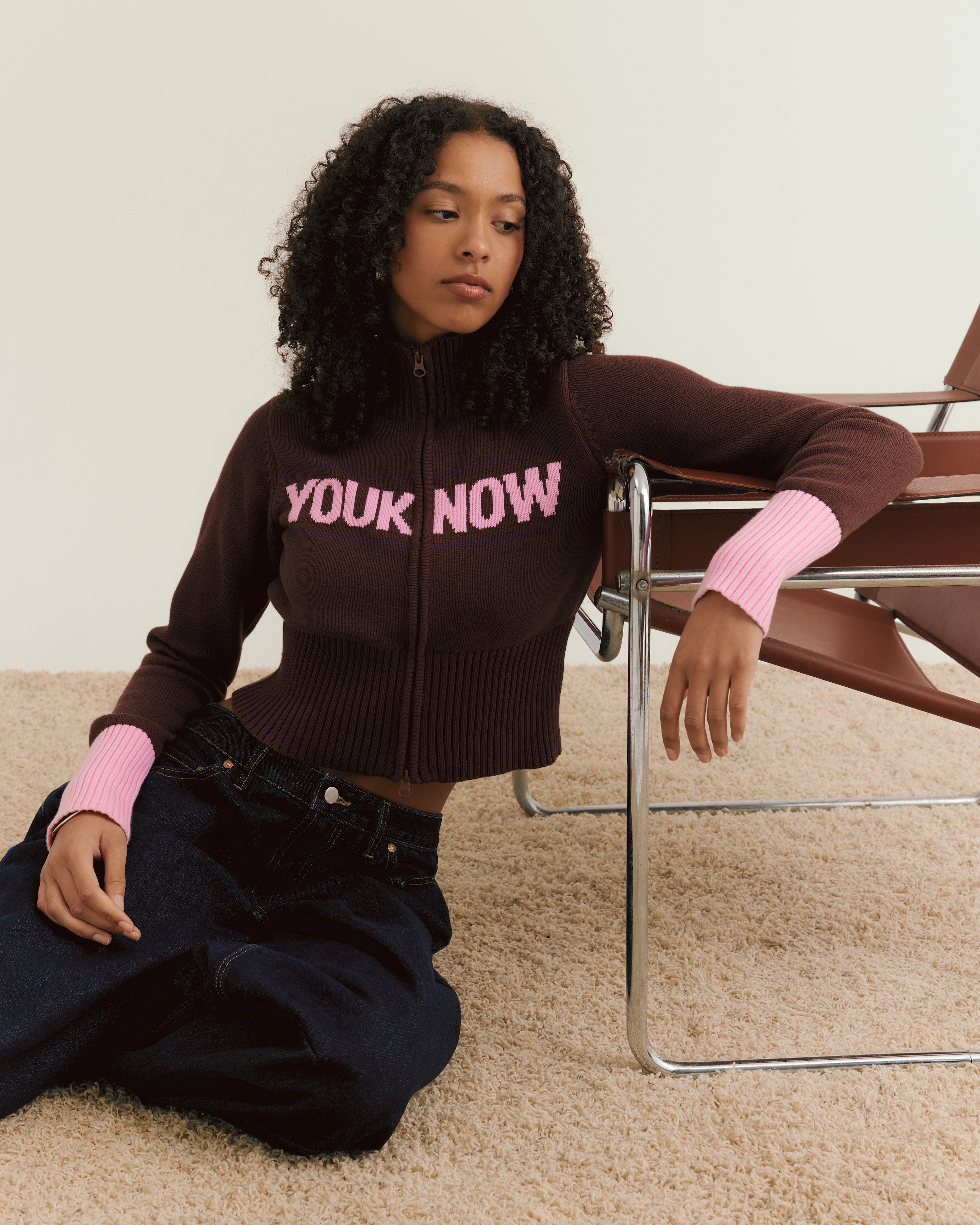 Women's Fitted Knit Zip Up | Brown