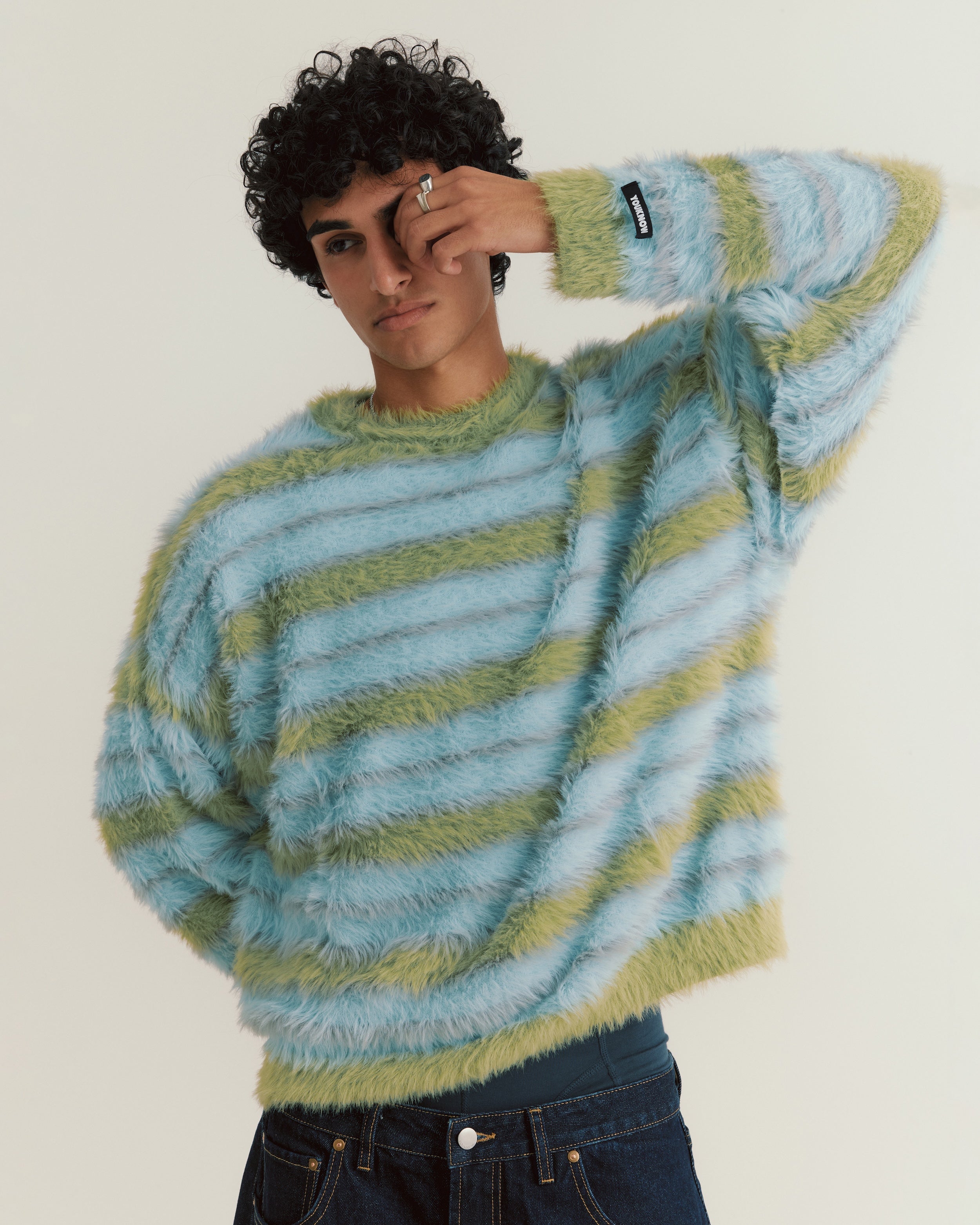 Fluffy Knit Crew Sweater | Blue Stripe-4