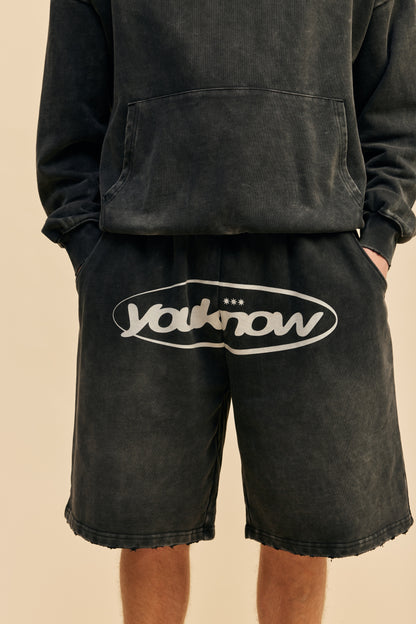 Distressed Logo Shorts | Washed Black